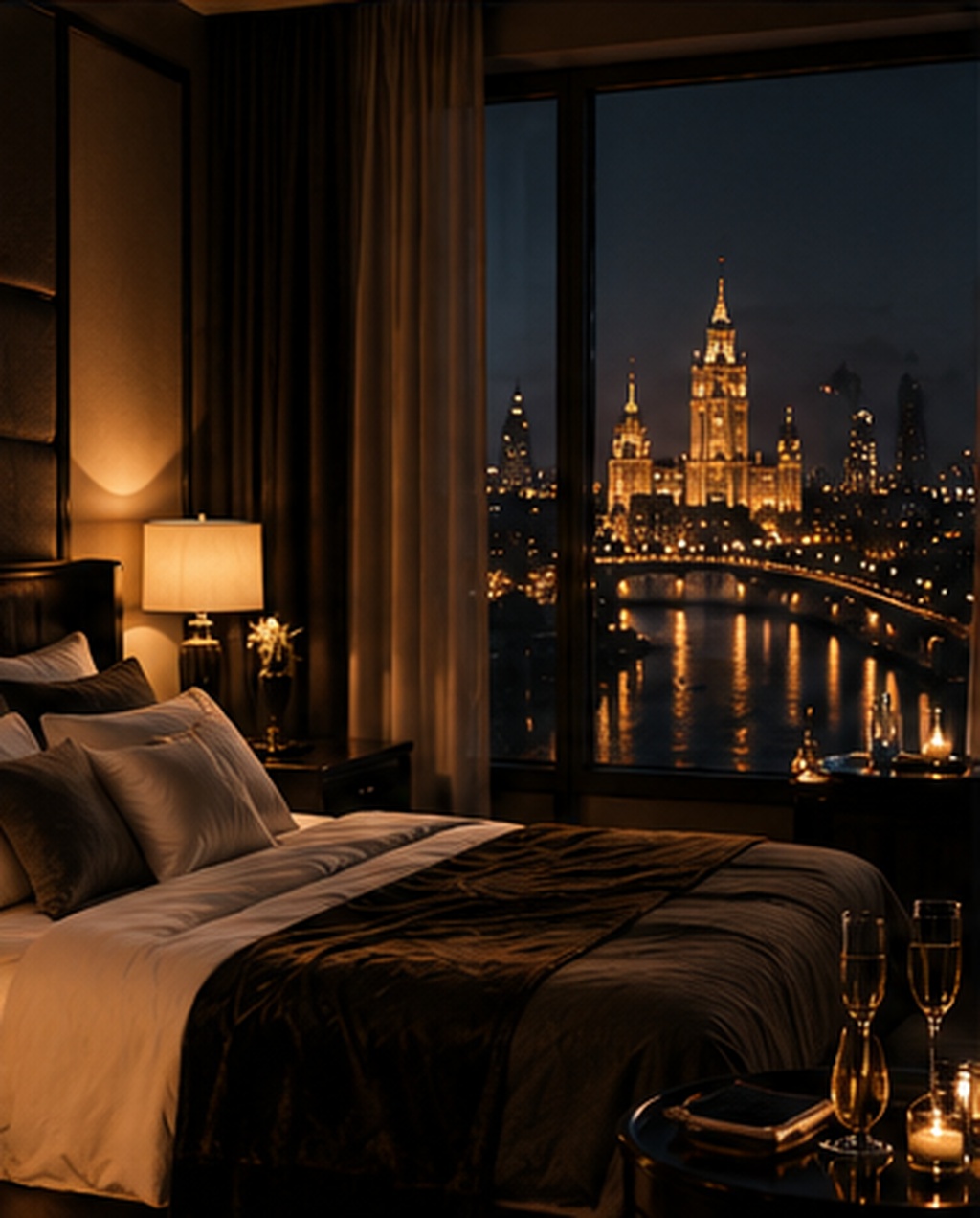 A softly lit hotel room overlooking Moscow at night