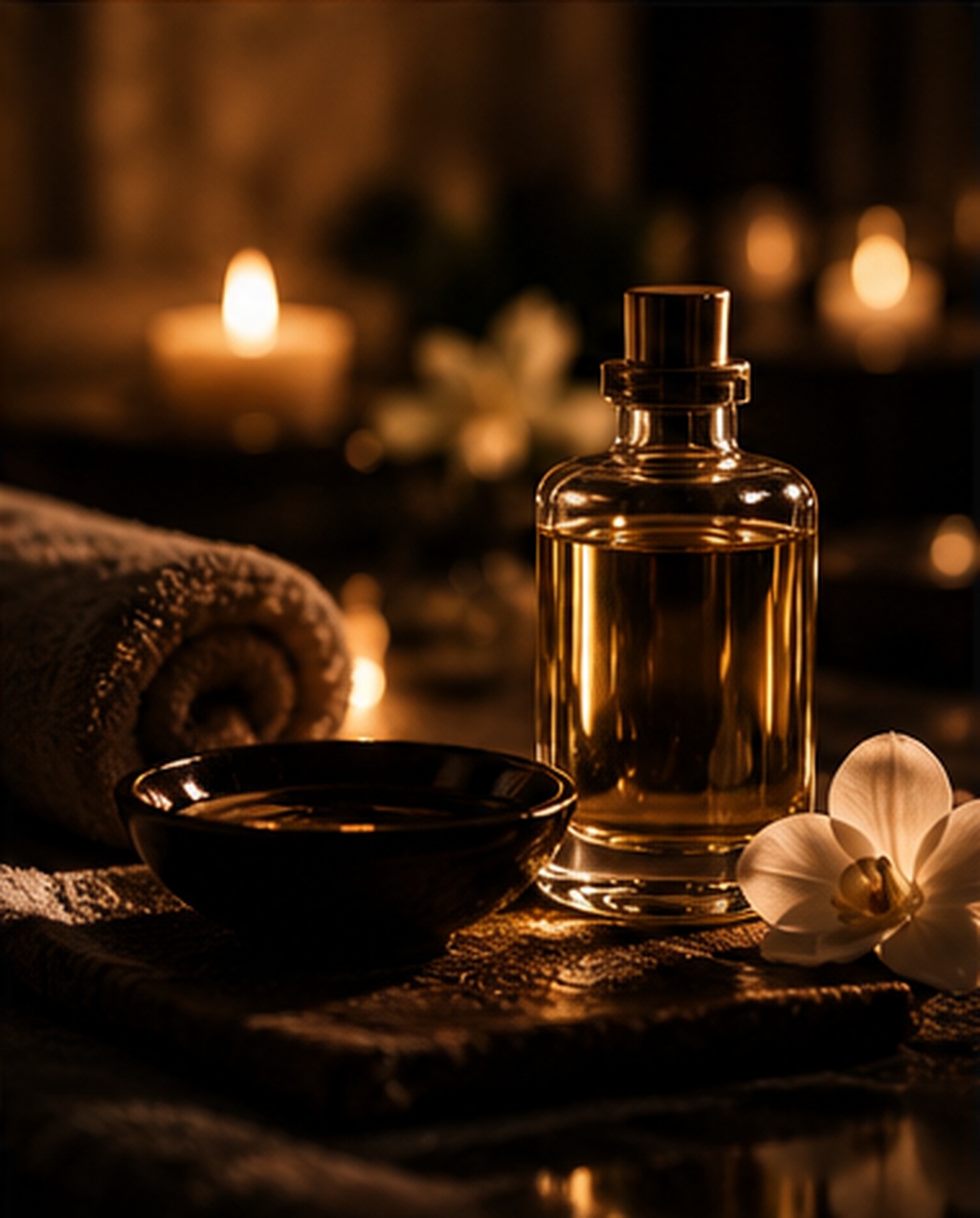Massage oil, a bowl and candlelight