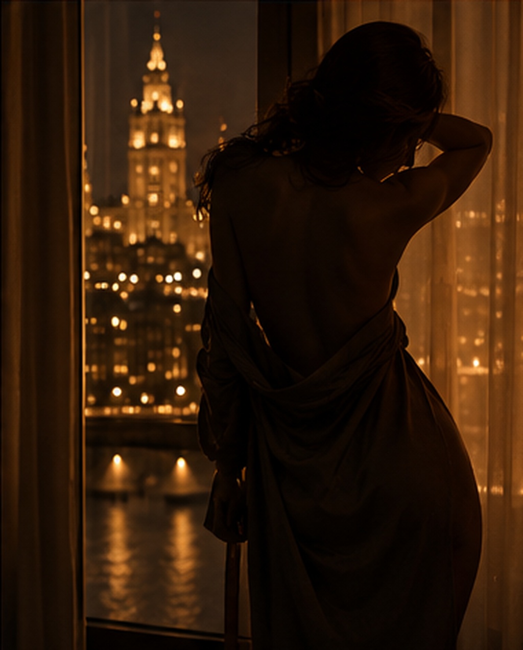 A silhouette by a hotel window overlooking the city
