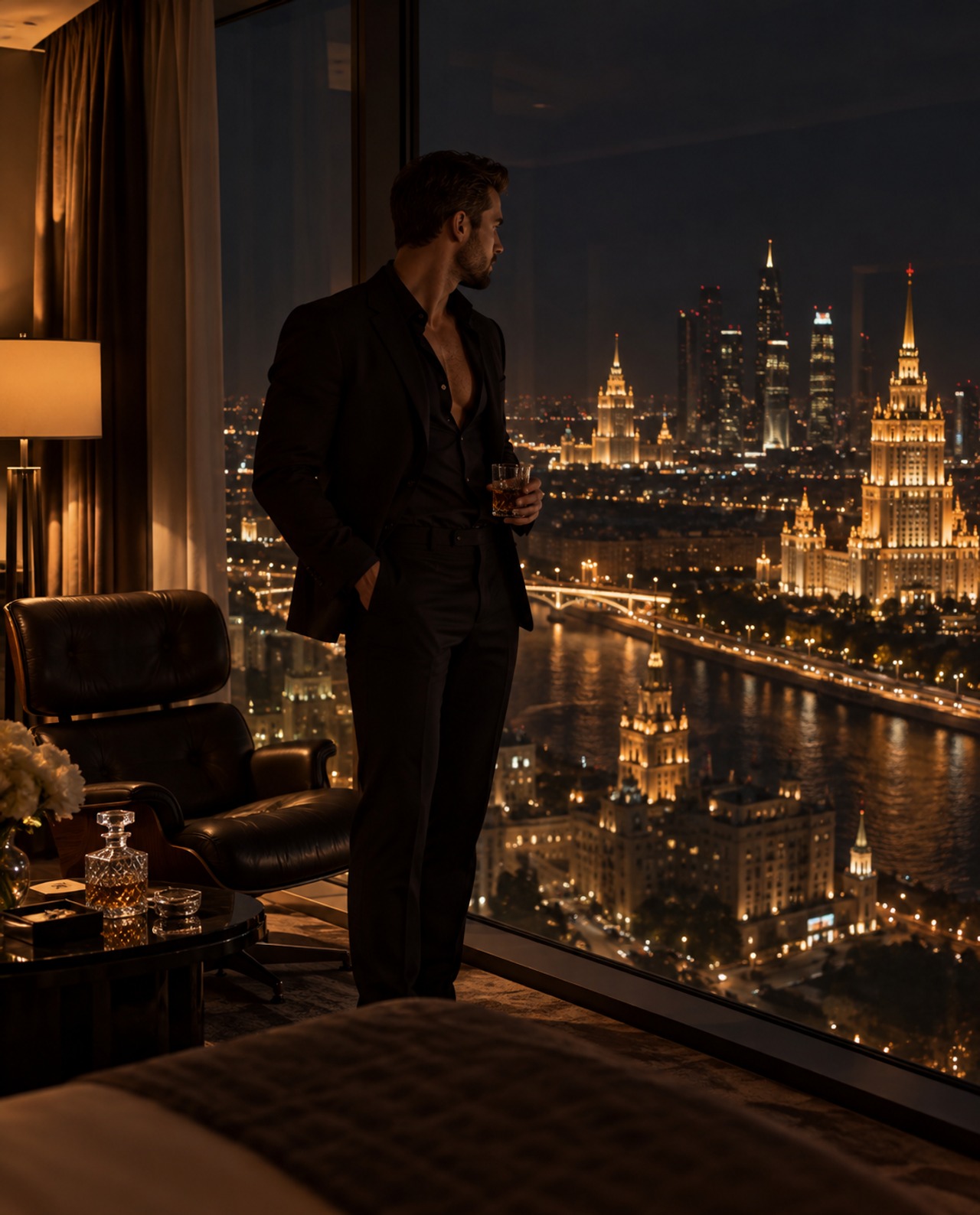 Man in a luxury Moscow suite overlooking the city skyline at night