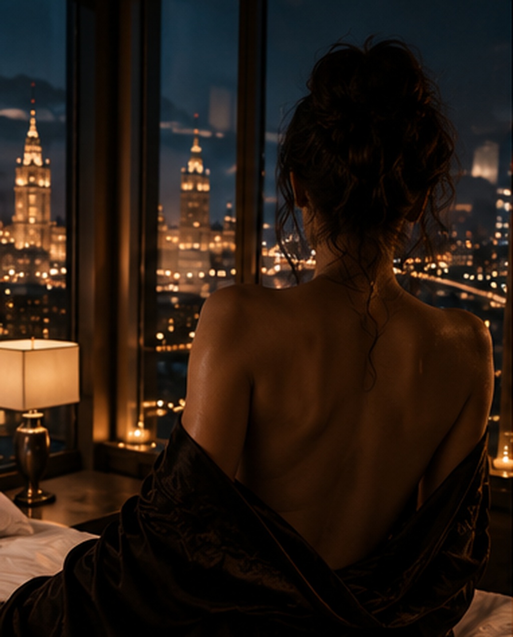 Woman looking over the Moscow skyline from a softly lit hotel room